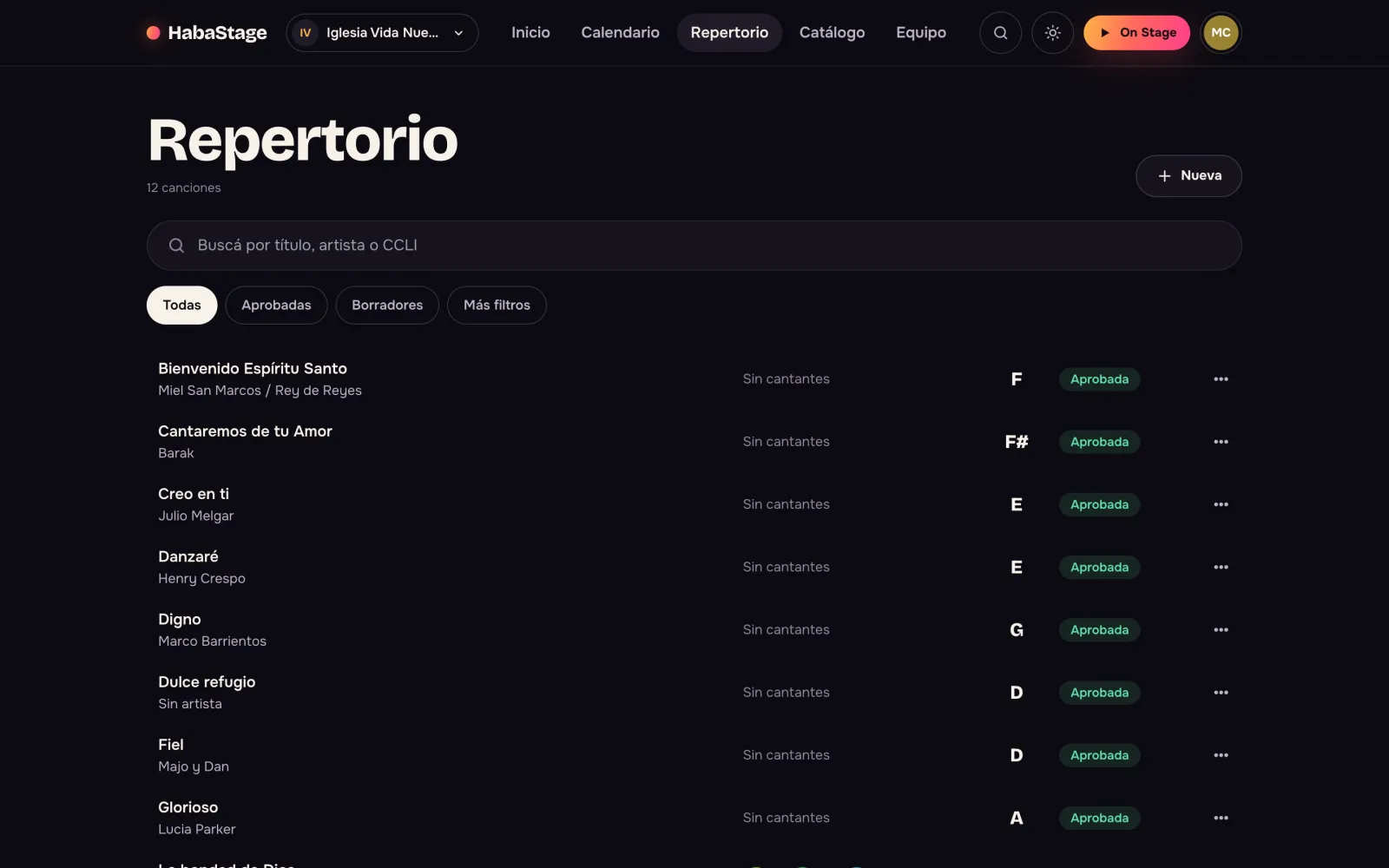 El repertorio de un equipo en HabaStage